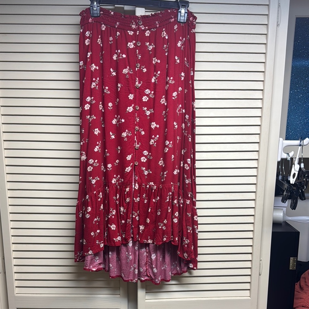 Hollister Red A-Line Midi Skirt High-Low Tiered